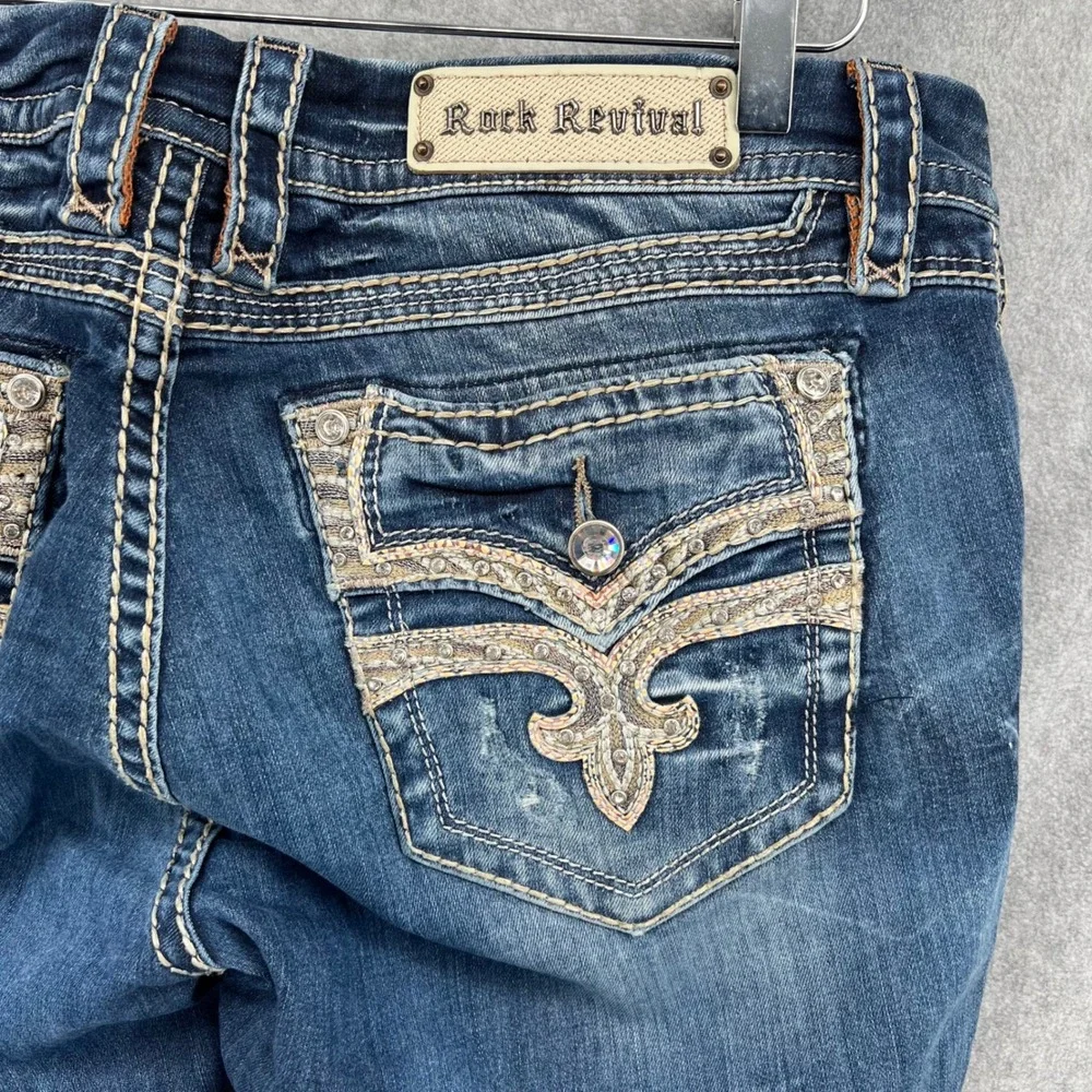 Rock Revival Roselle E Easy Boot Jeans Blue Embroidered Flap Pocket Size 33